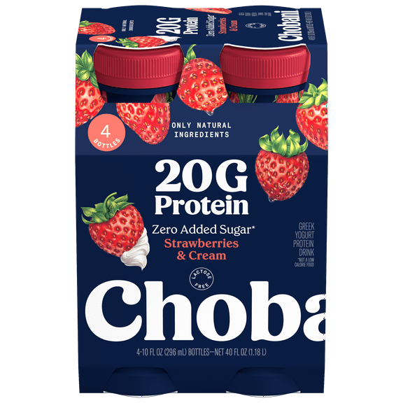 Chobani 20G Protein Low-Fat Greek Yogurt Drink, Strawberries and Cream 10 fl oz Bottle, 4 Pack