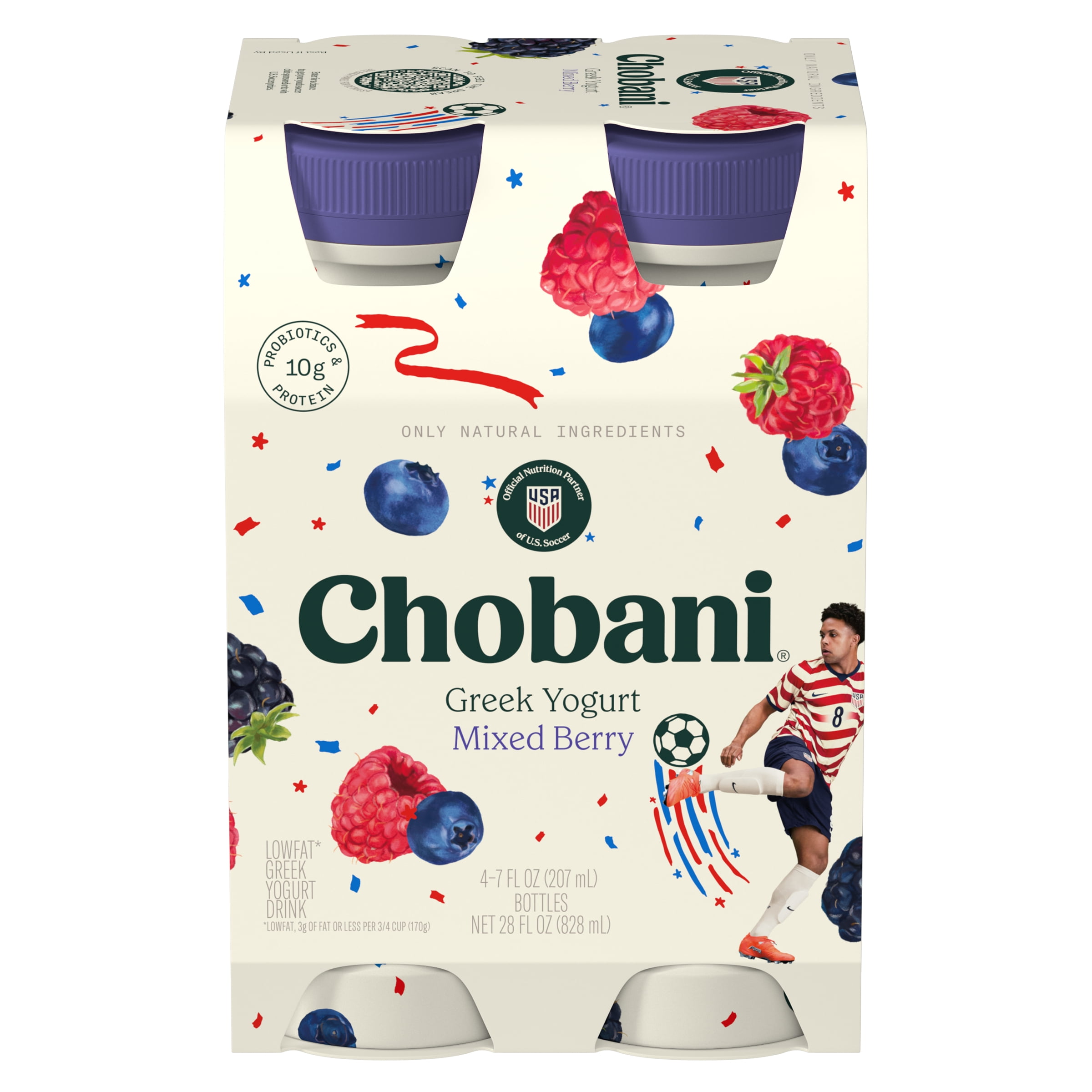Chobani Low-Fat Greek Yogurt Drink Mixed Berry 7 fl oz Bottle, 4 Pack