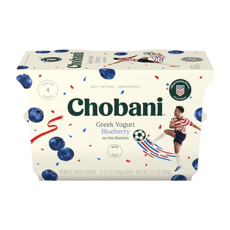 Chobani Non-Fat Greek Yogurt, Blueberry on the Bottom, 5.3 oz Cup, 4 Pack