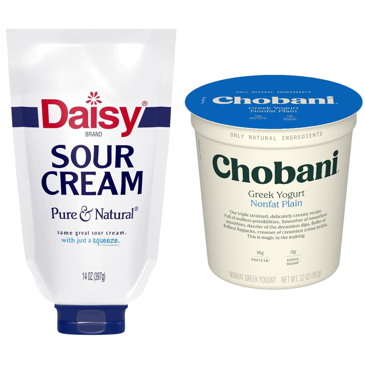 Chobani Non-Fat Greek Yogurt Plain 32 oz + Daisy Sour Cream 14 oz Squeeze Pouch Bundle