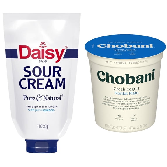 Chobani Non-Fat Greek Yogurt Plain 32 oz + Daisy Sour Cream 14 oz Squeeze Pouch Bundle