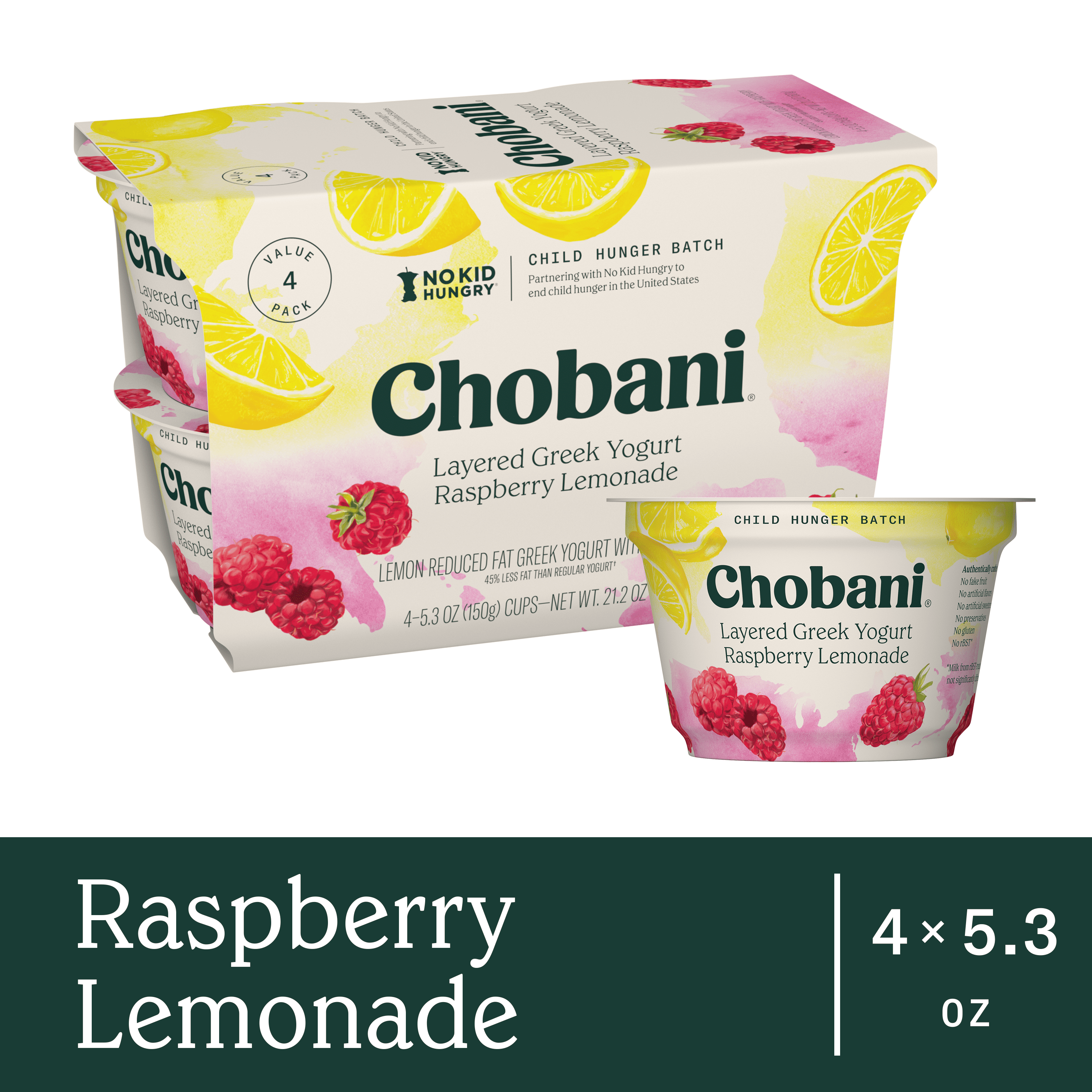 Chobani Reduced Fat Greek Yogurt Raspberry Lemonade 5.3 oz Cup, 4 Pack