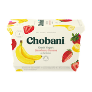 Chobani Reduced Fat Greek Yogurt Strawberry Banana on the Bottom 5.3 oz Cup, 4 Pack