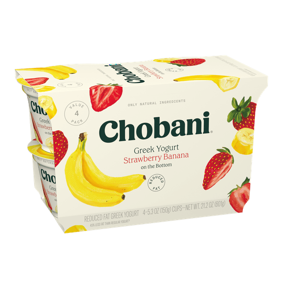 Chobani Reduced Fat Greek Yogurt Strawberry Banana on the Bottom 5.3 oz Cup, 4 Pack