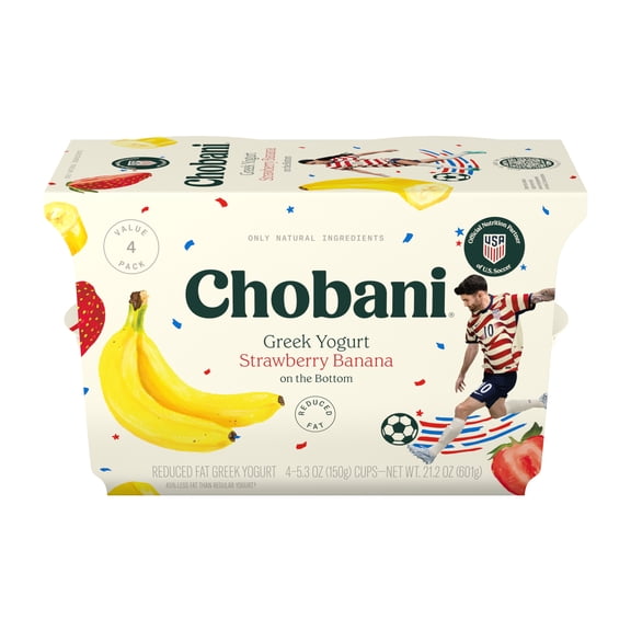 Chobani Reduced Fat Greek Yogurt Strawberry Banana on the Bottom 5.3 oz Cup, 4 Pack