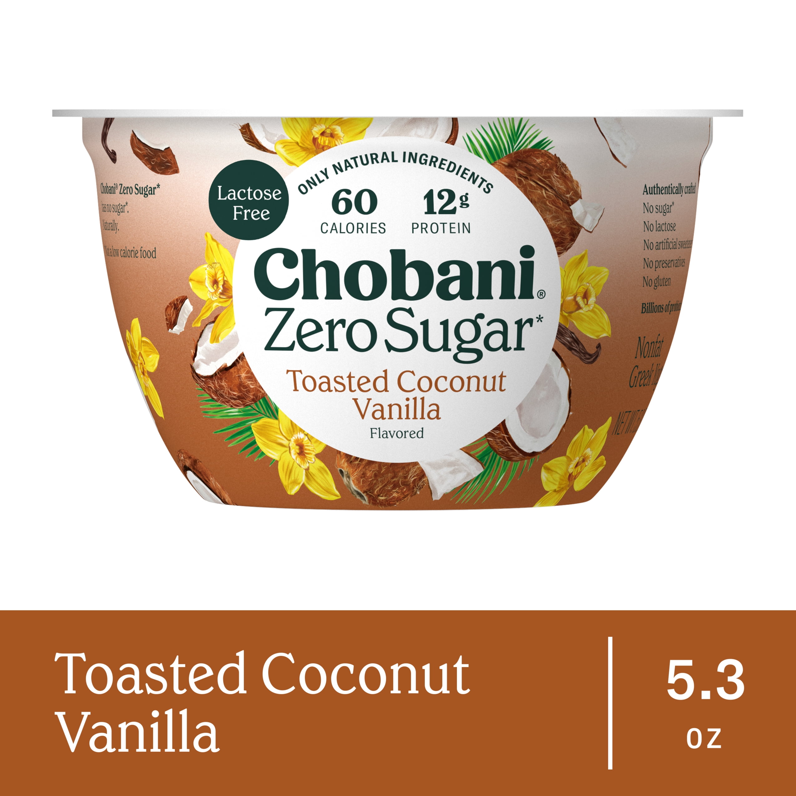 Chobani Zero Sugar Non-Fat Greek Yogurt Toasted Coconut Vanilla 5.3 oz Cup