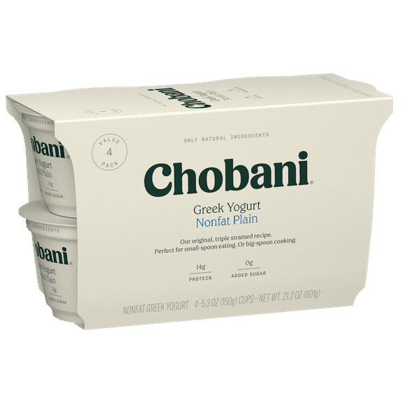 Chobani Non-Fat Greek Yogurt Plain 5.3 oz Cup, 4 Pack