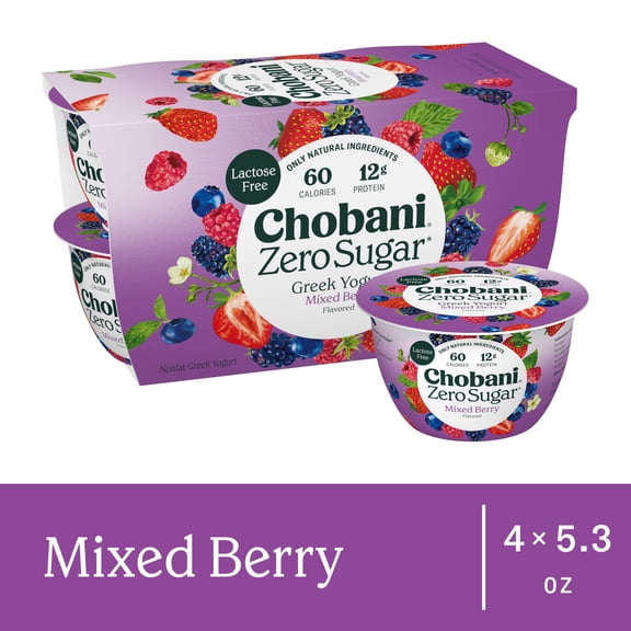 Chobani Zero Sugar Non-Fat Greek Yogurt Mixed Berry 5.3 oz Cup, 4 Pack