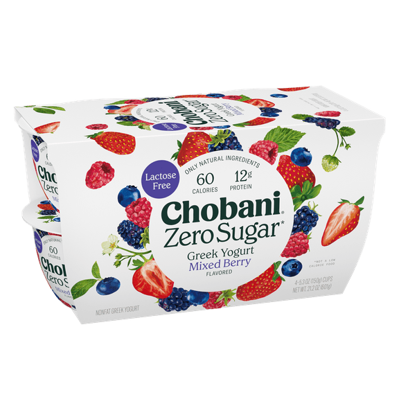 Chobani Zero Sugar Non-Fat Greek Yogurt Mixed Berry 5.3 oz Cup, 4 Pack