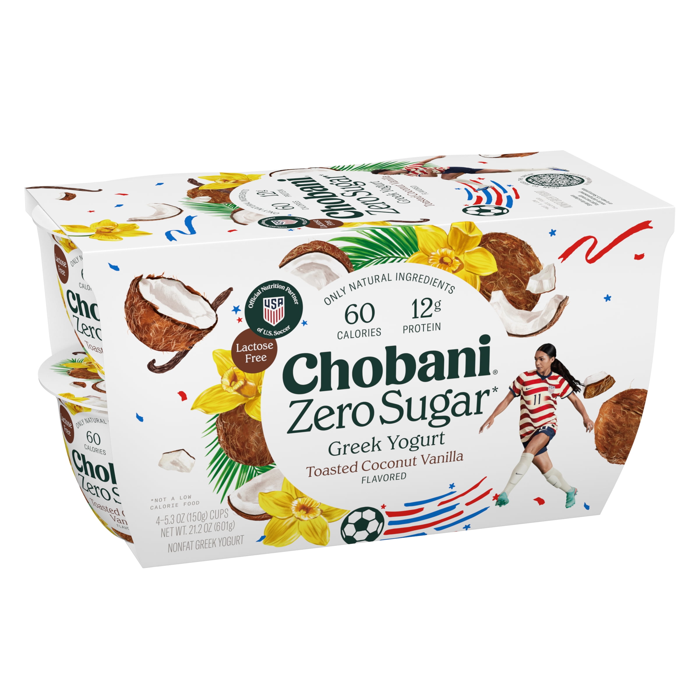Chobani Zero Sugar Non-Fat Greek Yogurt Toasted Coconut Vanilla 5.3 oz Cup, 4 Pack