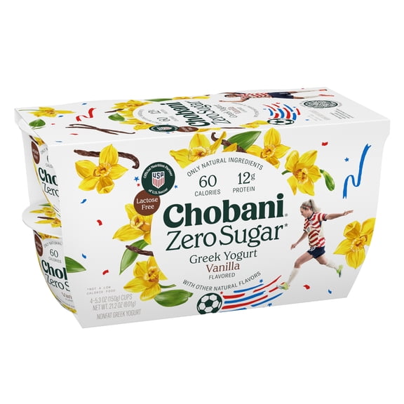 Chobani Zero Sugar Non-Fat Greek Yogurt Vanilla 5.3 oz Cup, 4 Pack