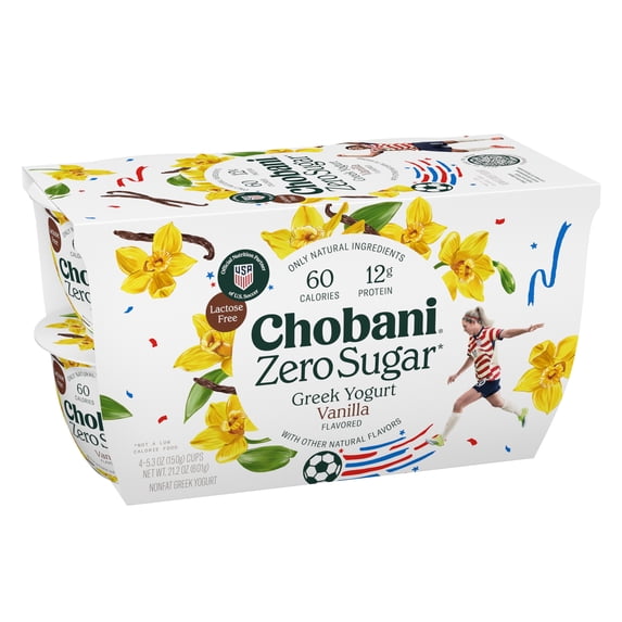 Chobani Zero Sugar Non-Fat Greek Yogurt Vanilla 5.3 oz Cup, 4 Pack