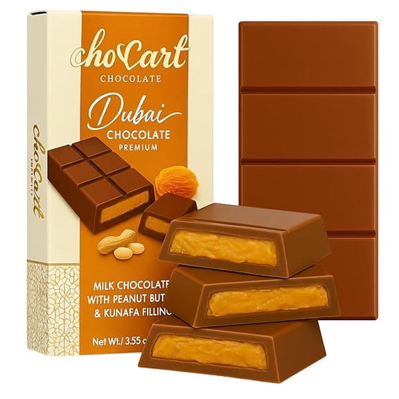 ChocCart Dubai Chocolate Bar Creamy Peanut Butter & Crispy Kunafa Filling, Viral Knafeh Style Luxury Gift Box, 3.35 oz(2 Pack)