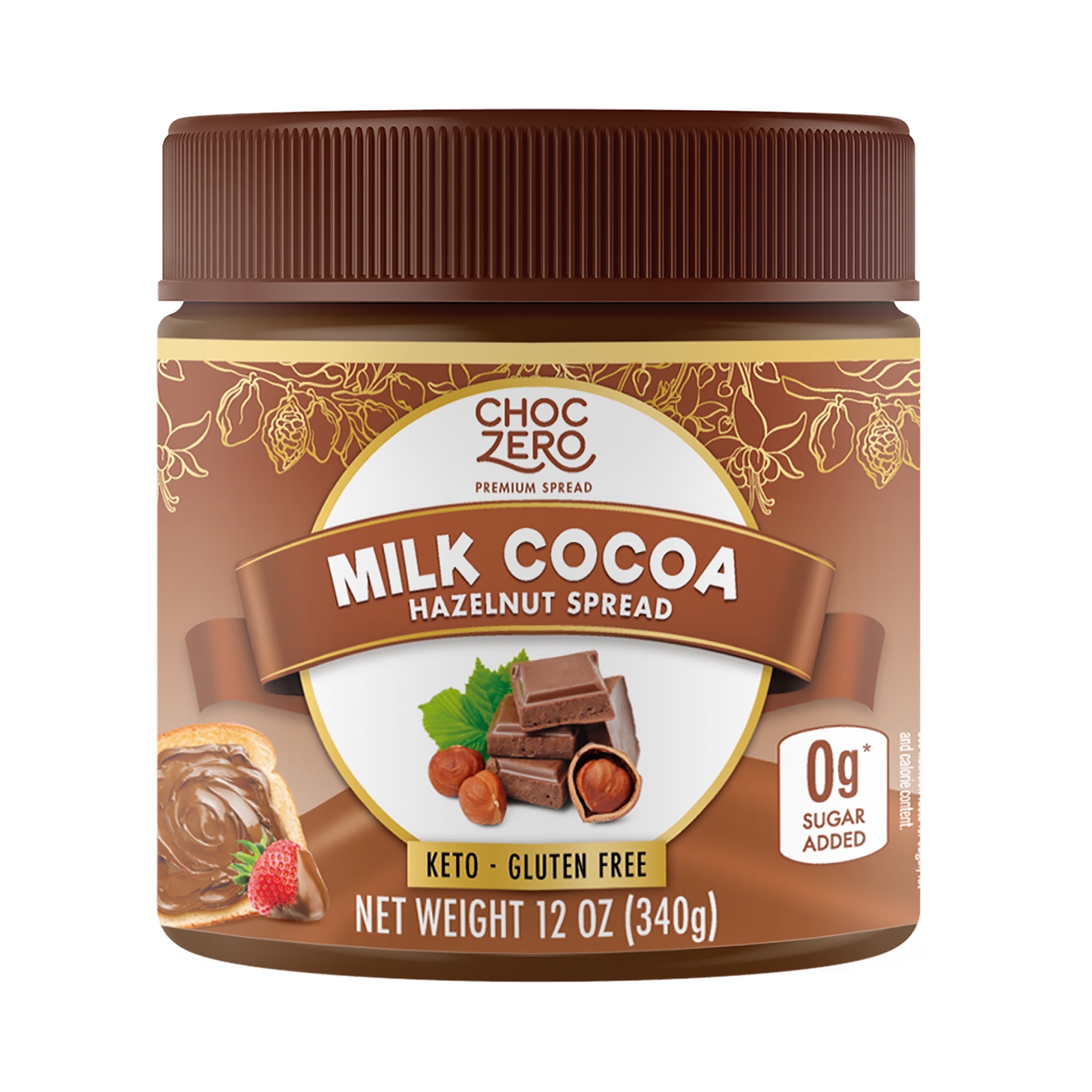 ChocZero Milk Chocolate Hazelnut Spread, Keto Friendly, No Sugar Added, 12oz Jar