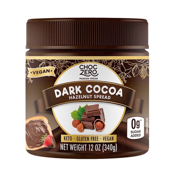 ChocZero Sugar Free Dark Chocolate Hazelnut Spread, Keto, Low Carb, Vegan, 12 oz Jar