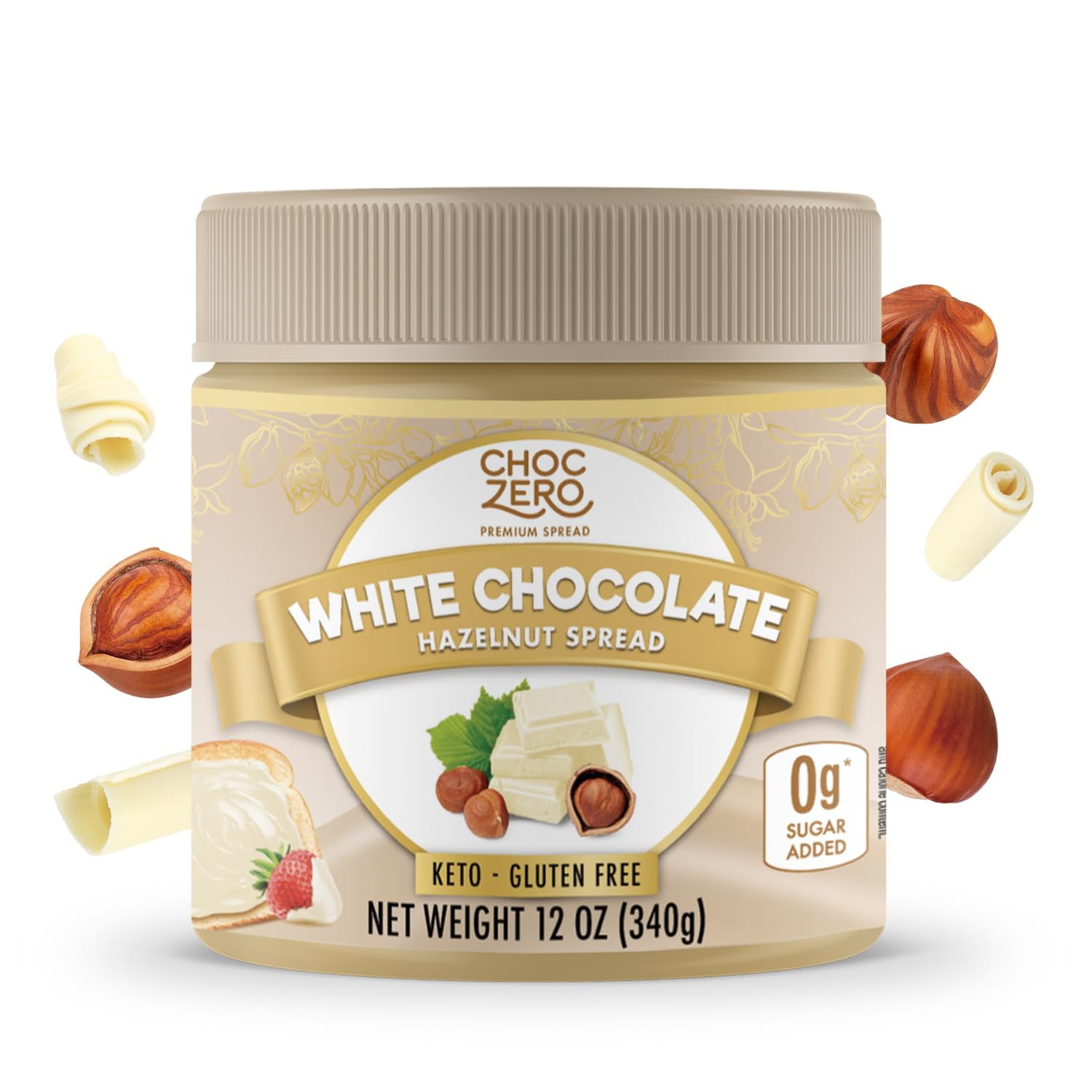 ChocZero Keto White AJH3Chocolate Hazelnut Spread - Keto Friendly, No Sugar Added, Best Low Carb Dessert, Perfect Topping for Breakfast, Naturally Sweetened with Monk Fruit (1 jar, 12 oz)