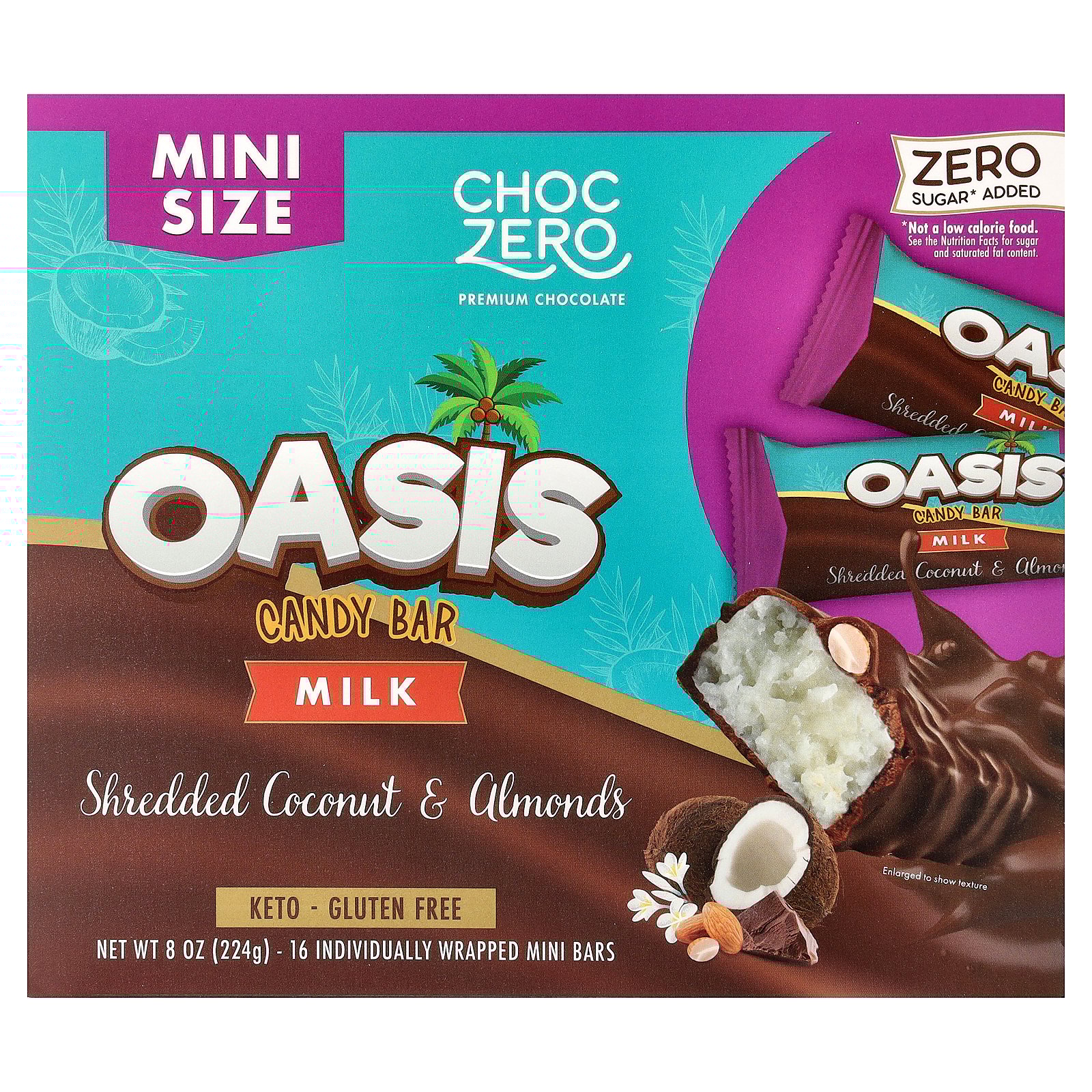 ChocZero Oasis Candy Bar, Milk, Shredded Coconut & Almonds, 16 Individually Wrapped Mini Bars, 0.5 oz (14 g) Each