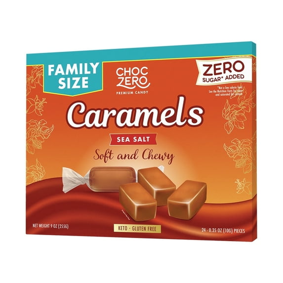 ChocZero Sea Salt Caramels, Sugar Free, Keto Friendly, Individually Wrapped, 9oz Box