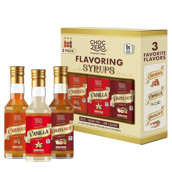ChocZero Sugar Free Coffee Syrup Sampler, Caramel, Hazelnut & Vanilla (3 Pack), Keto Friendly, Monk Fruit Sweetened, 10.5 fl oz Bottles