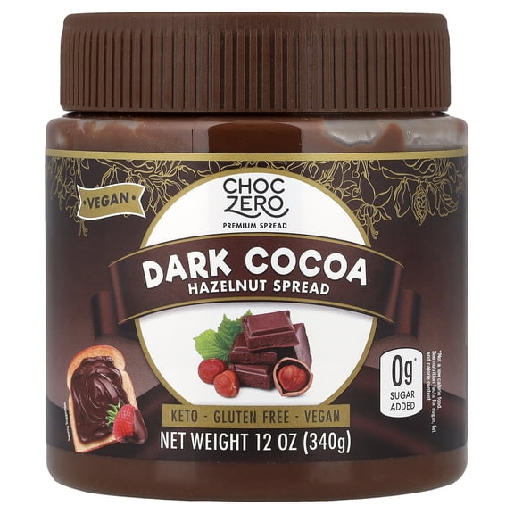 ChocZero Sugar Free Dark Chocolate Hazelnut Spread, Keto, Low Carb, Vegan, 12 oz Jar