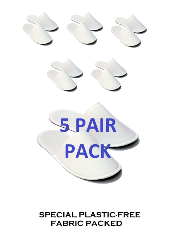5 Pairs Fabric Packed Terry Cotton Disposable Hotel Slippers for Airbnb Spa Wedding Care Guests Adult Men Women Size 10-11, White