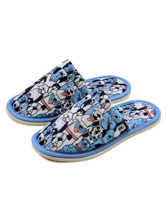Men Blue Dog Home Slippers Blue White Lightweight Silent Walk Size 8 to 10