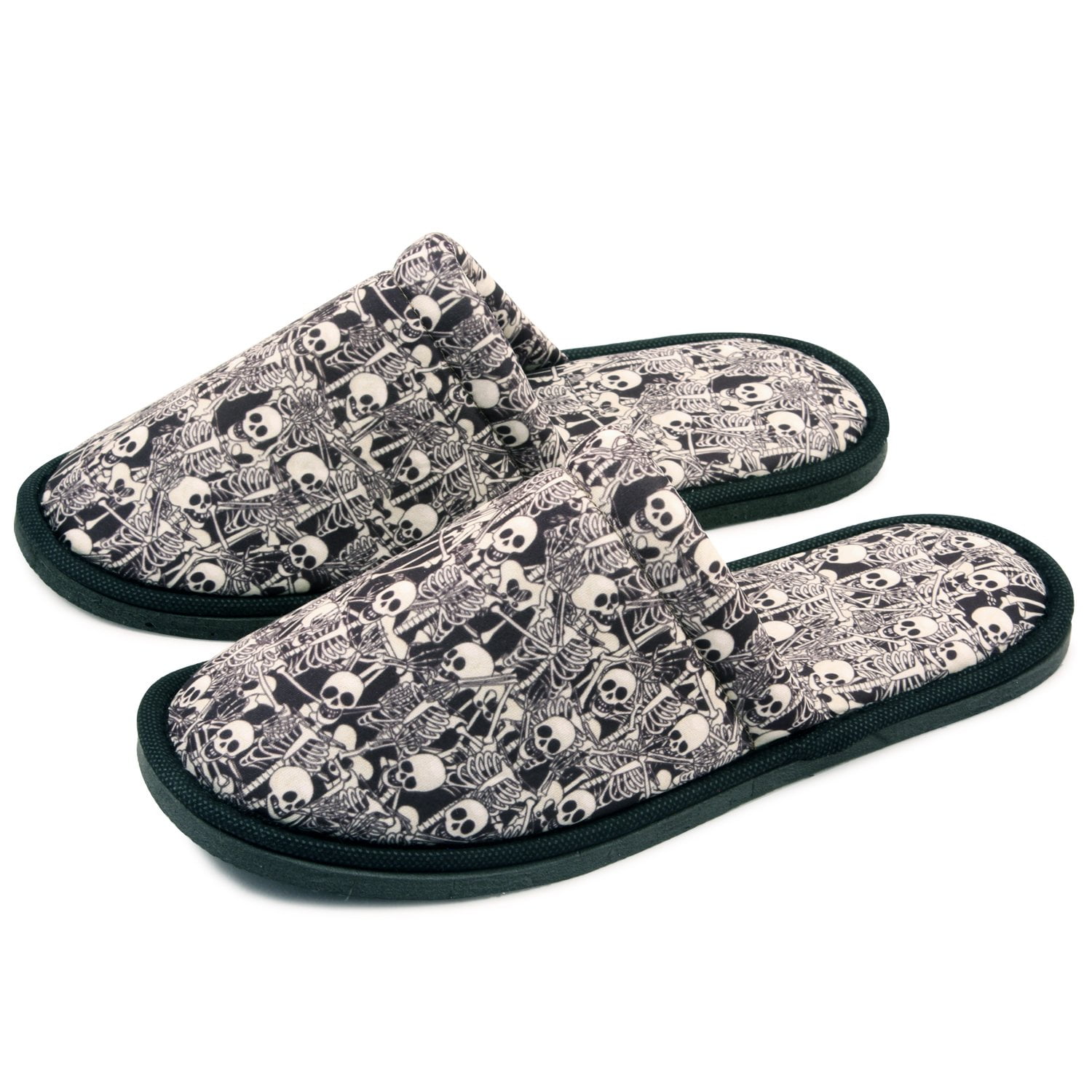 Men Skeleton Home Slippers Black White Lightweight Silent Walk Size 8 to 10
