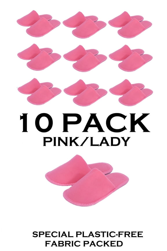 Pink 10 Pairs Fabric Packed Terry Cotton Disposable Hotel Slippers for Airbnb Spa Wedding Guests Adult Women Size 7-8