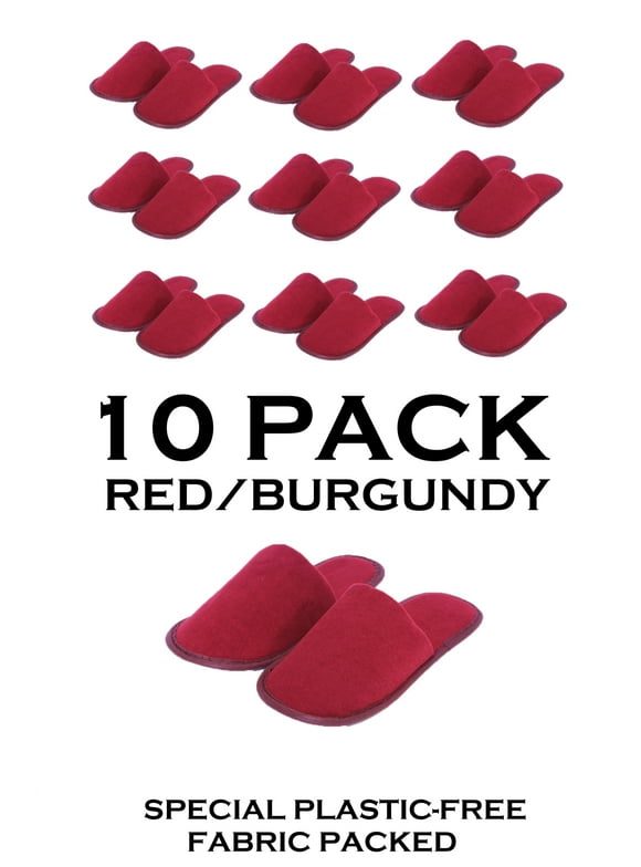 Chochili Red/Burgundy 10 Pairs Fabric Packed Terry Cotton Disposable Hotel Slippers for Airbnb Spa Wedding Guests Adult Men Women Size 10-11