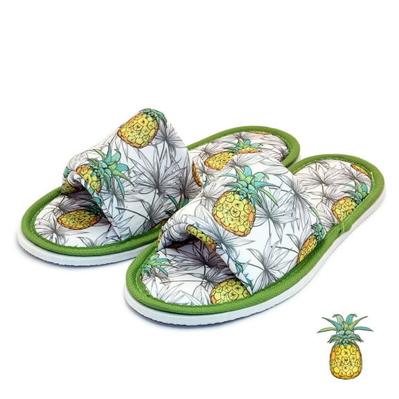 Chochili Women Pineapple Open Toe Home Slippers Green and Yellow Lightweight Silent Walk Size 7 to 8