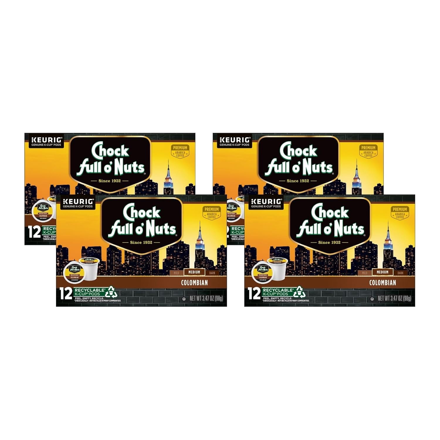 Chock Full o'Nuts Colombian Coffee, Compatible with Keurig K-Cup Pods, 12 CT (Pack of 4)