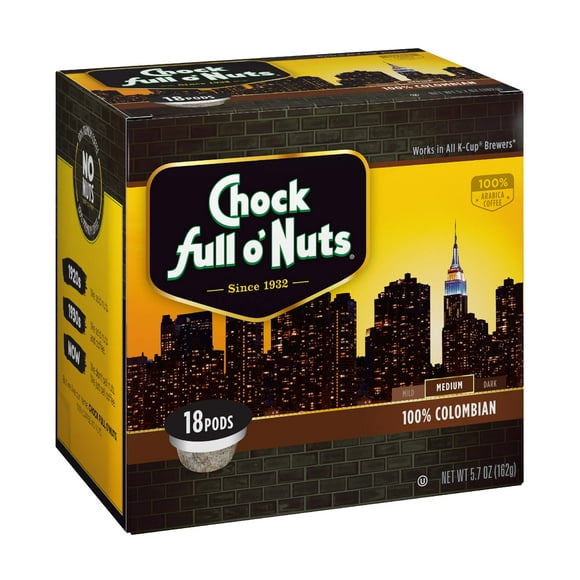 Chock Full oNuts Colombian Medium Roast, K-Cup Compatible Pods (18 Count)  Arabica Coffee in Eco-Friendly Keurig-Compatible Single Serve Cups