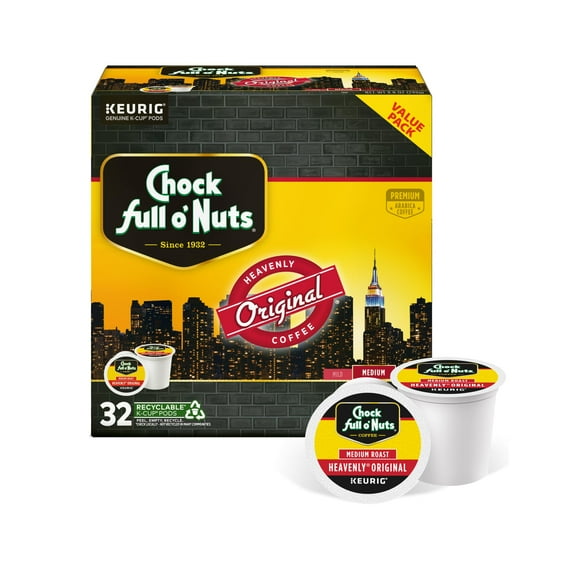 Chock Full o' Nuts Heavenly Original Keurig K-Cup Pods for Keurig Brewers - Premium Arabica, Medium Roast - Single Serve - 1 Pack of 32 K-Cup Pods Y101