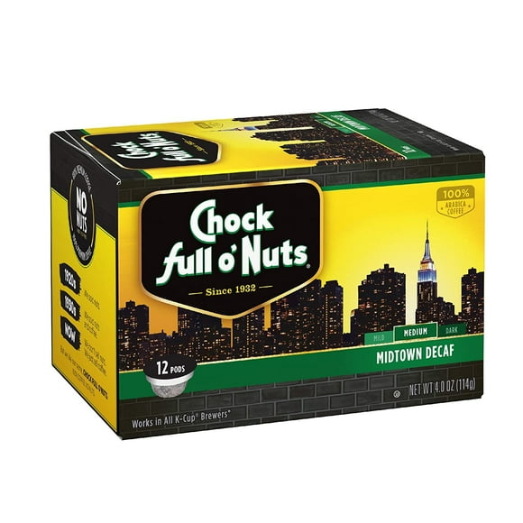 Chock Full oNuts Midtown Decaf Medium AIS1Roast, K-Cup Compatible Pods (12 Count) - Arabica Coffee in Eco-Friendly Keurig-Compatible Single Serve Cups