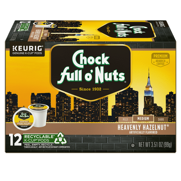 Chock full oNuts Heavenly Hazelnut Coffee, Single Serve Keurig K-Cup Pods, Medium Roast Coffee, 12-Count Box