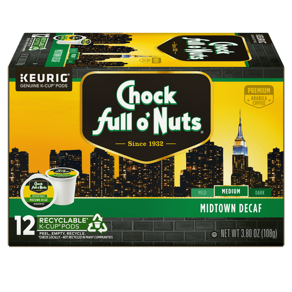 Chock full oNuts Midtown Manhattan Decaffeinated Coffee, Single Serve Keurig K-Cup Pods, Medium Roast Coffee, 12-Count Box