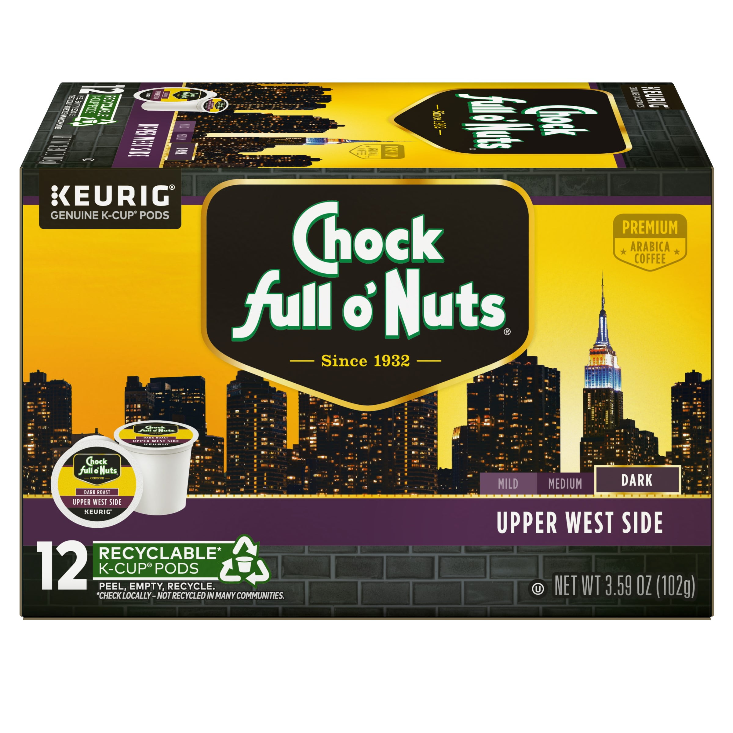 Chock full oNuts Upper West Side Coffee, Single Serve Keurig K-Cup Pods, Dark Roast Coffee, 12-Count Box