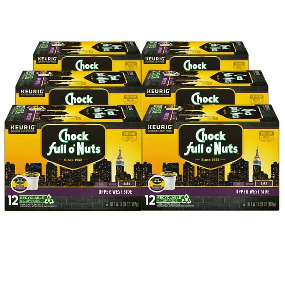 Chock Full o'Nuts Upper West Side Coffee, Dark Roast, Compatible with K-Cup Pods, 12 CT (Pack of 6)