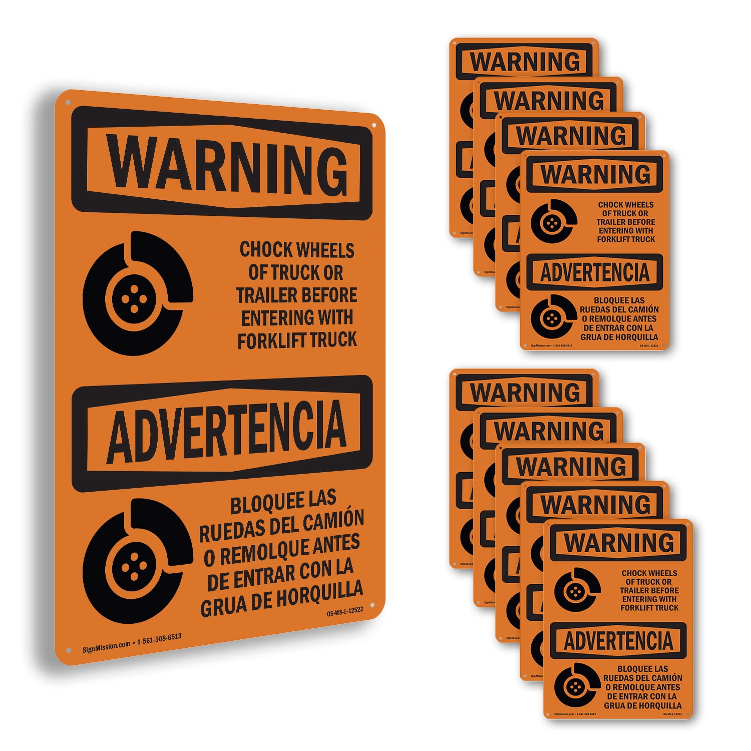 Chock Wheels Of Truck Or Trailer Bilingual OSHA WARNING Aluminum Sign ...