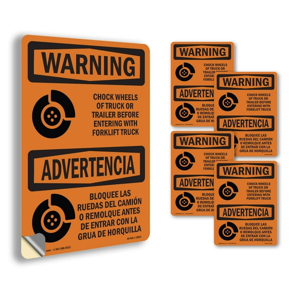 Chock Wheels Of Truck Or Trailer Bilingual OSHA WARNING Vinyl Decal Label 14 Inch x 10 Inch - 5 Pack