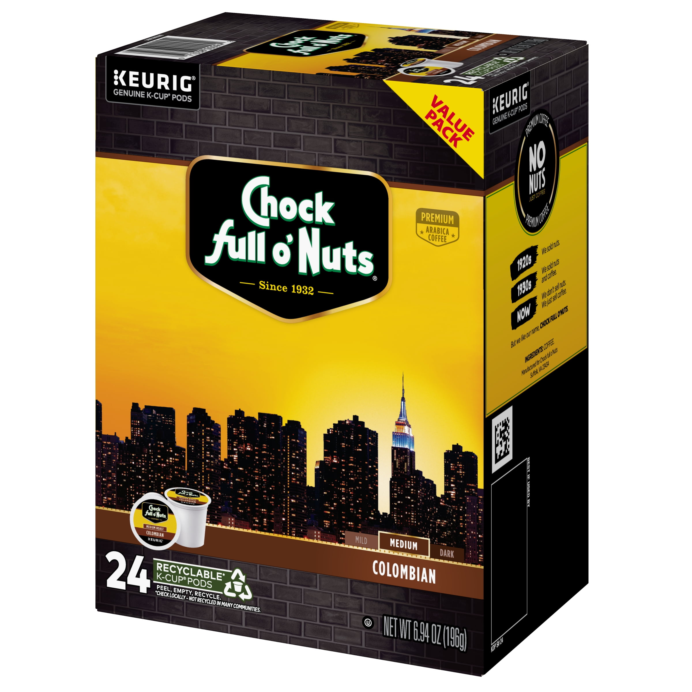 Chock full o’Nuts® Donut Shop Coffee, Single Serve Keurig® K-Cup® Pods, Medium Roast Coffee, 24-Count Box