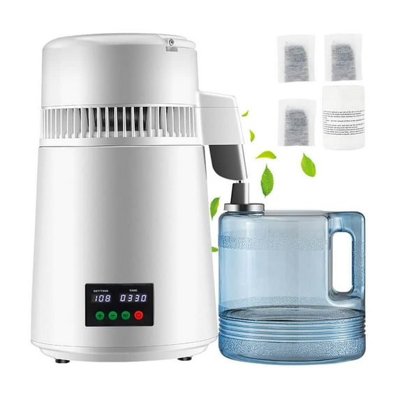 Choco Moon 1.1Gal Water Distiller, 0.3Gal/H, 750W Distilled Water Maker Machine 0-99H Timing Set Temp Display, Steel Countertop Distiller Plastic Carafe Cleaning Powder 3 Carbon Packs, White