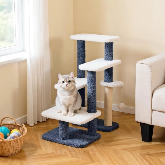 Choco Moon 2-in-1 Cat Stairs Cat Tree Tower with Scratching Posts and Hanging Toy Ball, Corner Cat Tree, Cat Condos for Indoor Cats-Gray