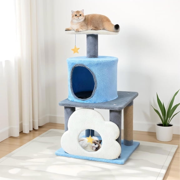 Choco Moon 31.5" Cute Modern Cat Tree Multi-Level Kitten Tower, Cat Climbing Tower, Corner Cat Tree, Cat Condos for Indoor Cats-Blue