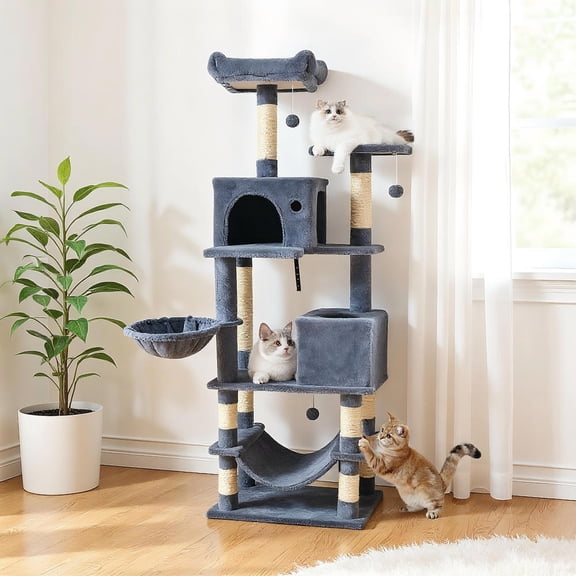 Choco Moon 66" Tall Cat Tree Tower w/2 Condos & Sisal Posts, Cat Climbing Tower, Corner Cat Tree, Cat Condos for Indoor Cats-Dark Gray