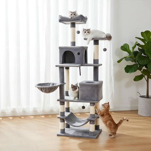 Choco Moon 66" Tall Cat Tree w/2 Condos & Sisal Posts, Cat Climbing Tower, Corner Cat Tree, Cat Condos for Indoor Cats-Light Gray