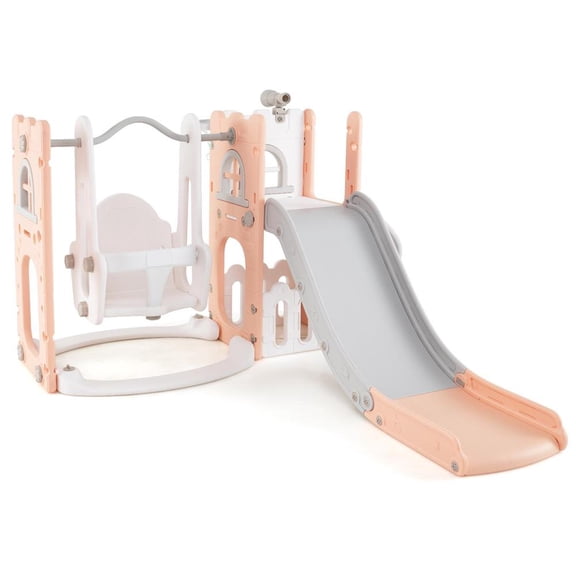 Choco Moon 7-in-1 Toddler Swing and Slide Set L-shaped with Hoop, Indoor Playset for Kids-Pink