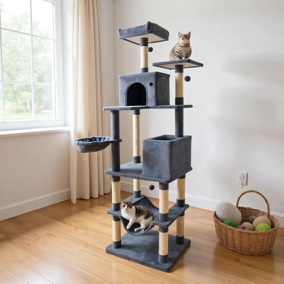 Choco Moon 80" Tall Cat Tree w/2 Large Condos & Dangling Toys, Cat Climbing Tower, Corner Cat Tree, Cat Condos for Indoor Cats-Dark Gray