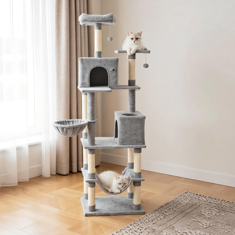 Choco Moon 80" Tall Cat Tree w/2 Large Condos & Dangling Toys, Cat Climbing Tower, Corner Cat Tree, Cat Condos for Indoor Cats-Light Gray