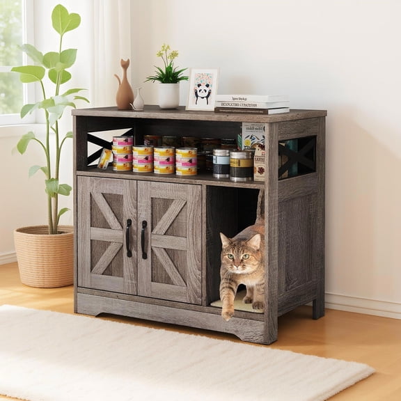 Choco Moon Cat Litter Box Enclosure Hidden Cat Washroom Furniture with Storage, Indoor Cat House, Cat Condo, Pet Furniture-Grey